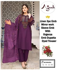 3 Pc Unstitched Linen Embroidered Suit