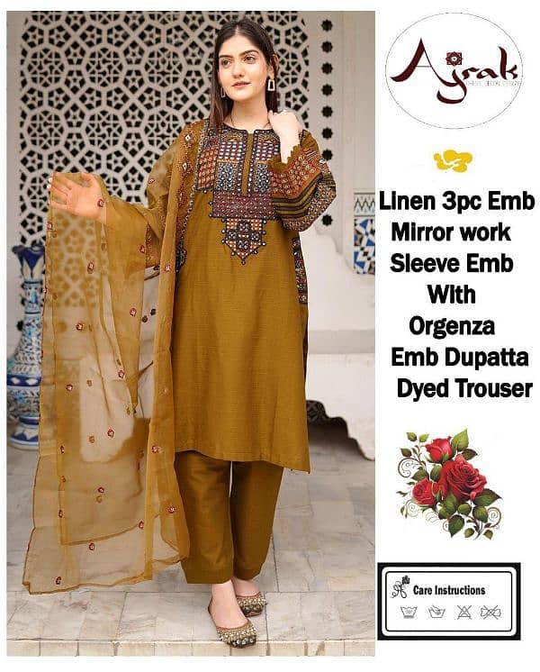 3 Pc Unstitched Linen Embroidered Suit 4