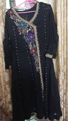 formal party dress, umbrella long frock with dupatta black , golden