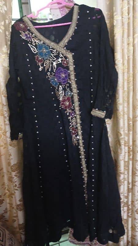 formal party dress, umbrella long frock with dupatta black , golden 1