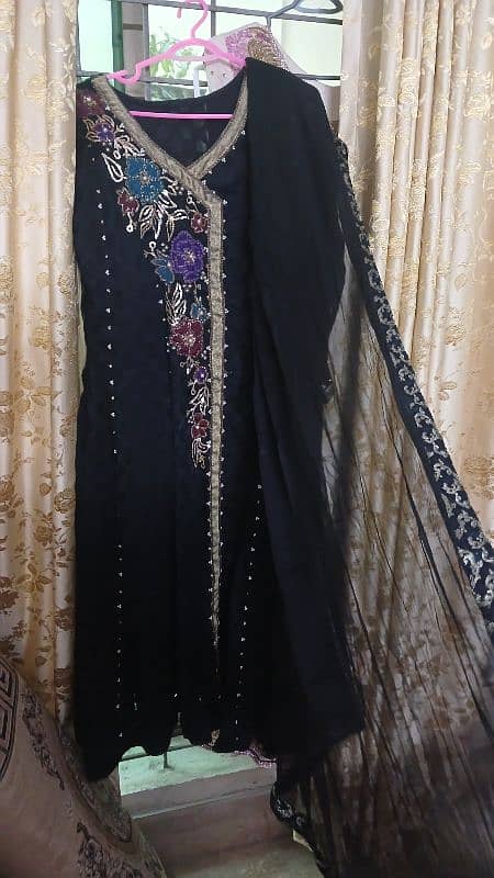 formal party dress, umbrella long frock with dupatta black , golden 2