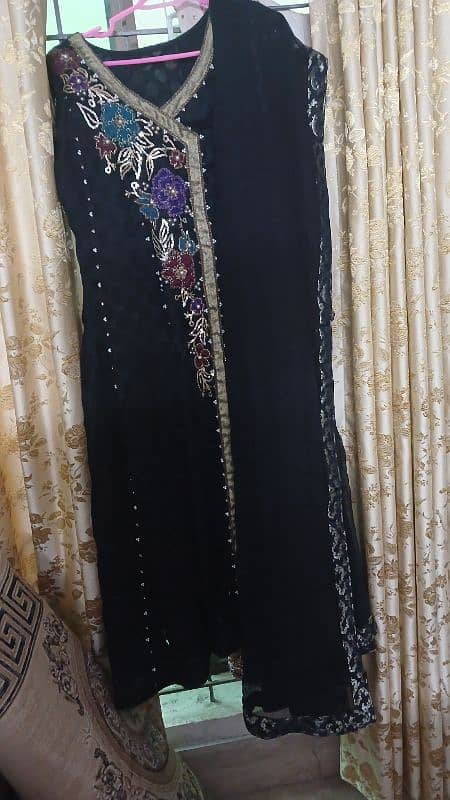 formal party dress, umbrella long frock with dupatta black , golden 3