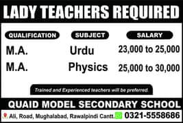 Ladies Teacher Required