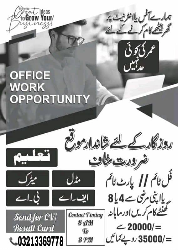 Need persons part time/full time work available in lahore(03213369778 0