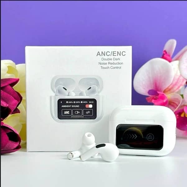 white wireless Airbuds With Touch screen LCD 0