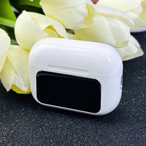 white wireless Airbuds With Touch screen LCD 1