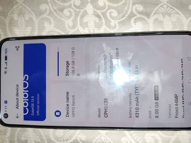 OPPO RENO 6 MOBILE FOR SALE 8/128 15