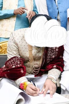 Sobia Hamza Sherwani stitched (golden) with shawl and Maala