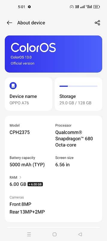 OPPO A76 6GB Ram 128GB Room 3