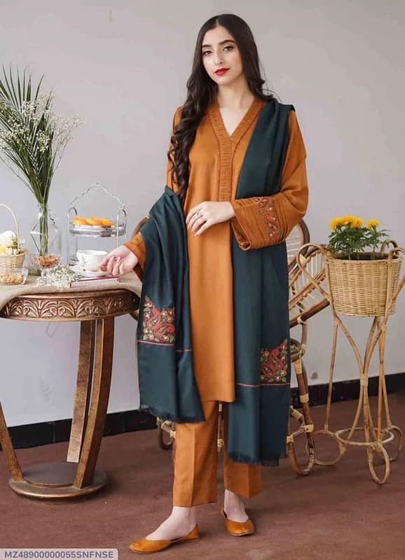 3 pcs women’s unstitched Dhanak embroidered suit 0