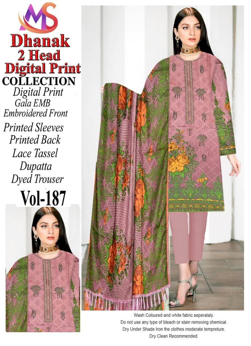 Digital Dhanak 3 Pcs  Same Duppta Four border Lace 0