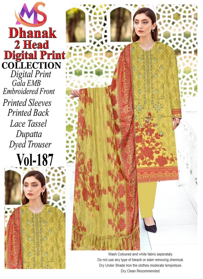 Digital Dhanak 3 Pcs  Same Duppta Four border Lace 1