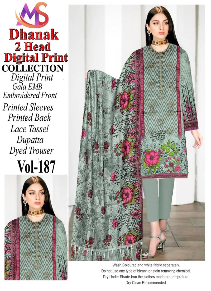 Digital Dhanak 3 Pcs  Same Duppta Four border Lace 5