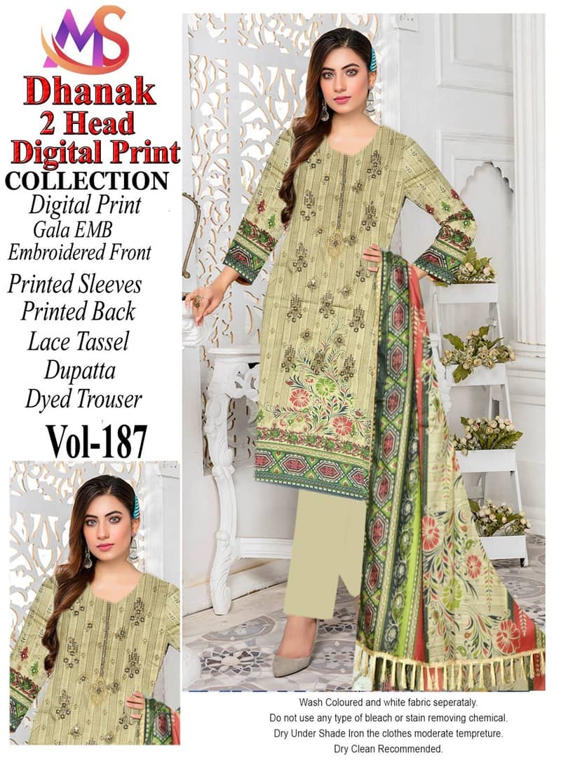 Digital Dhanak 3 Pcs  Same Duppta Four border Lace 6