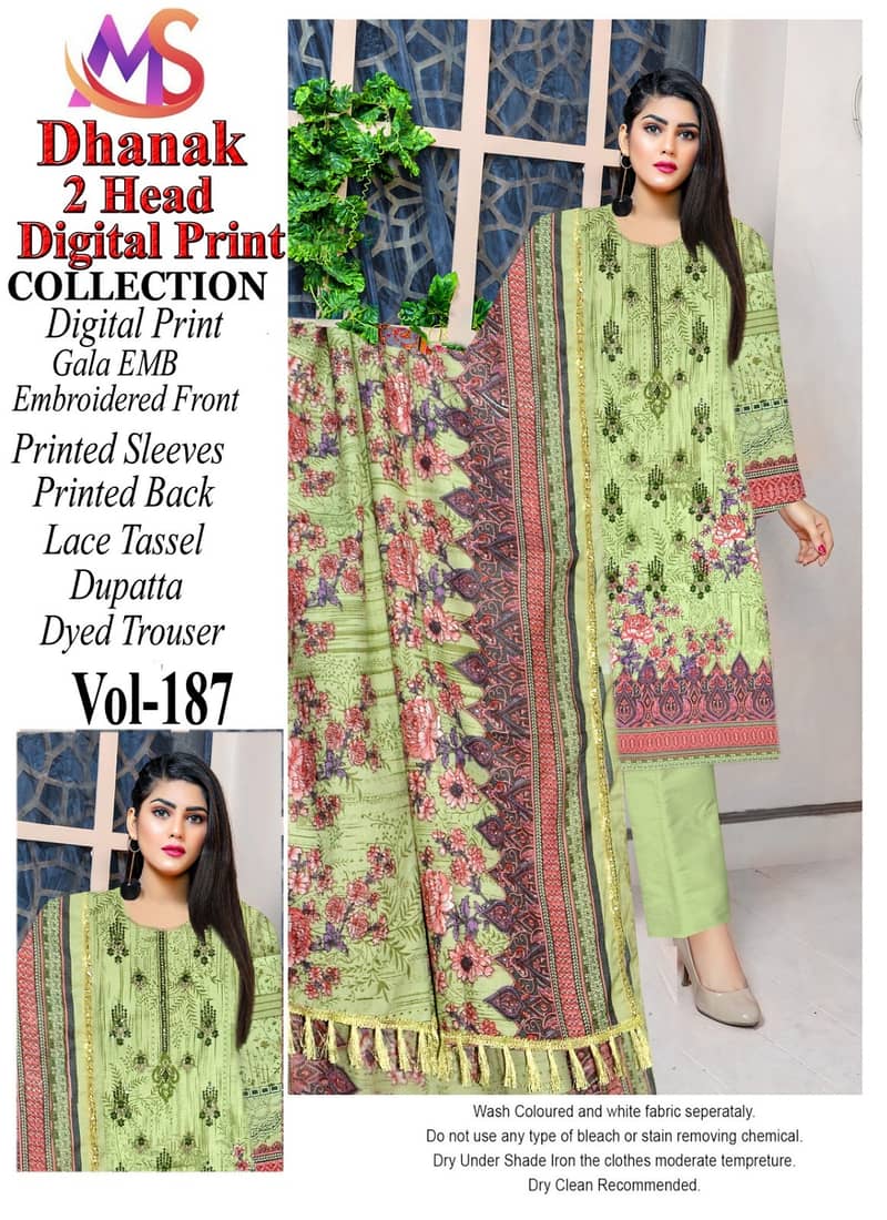 Digital Dhanak 3 Pcs  Same Duppta Four border Lace 7