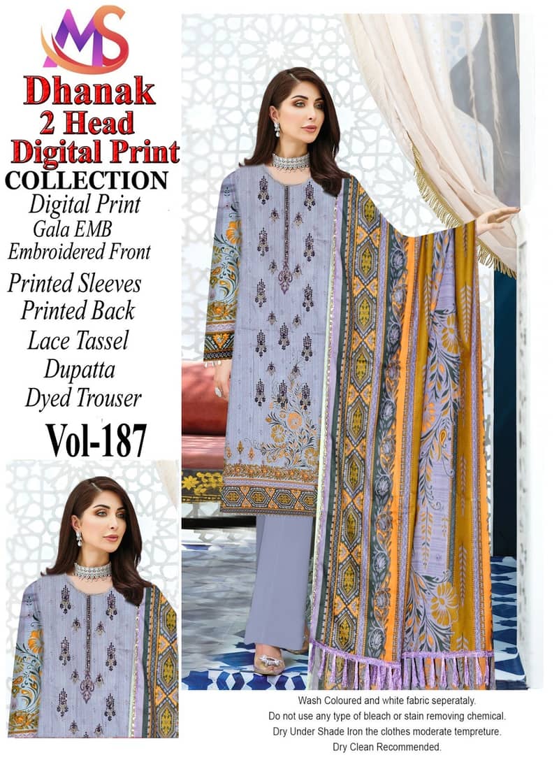 Digital Dhanak 3 Pcs  Same Duppta Four border Lace 8