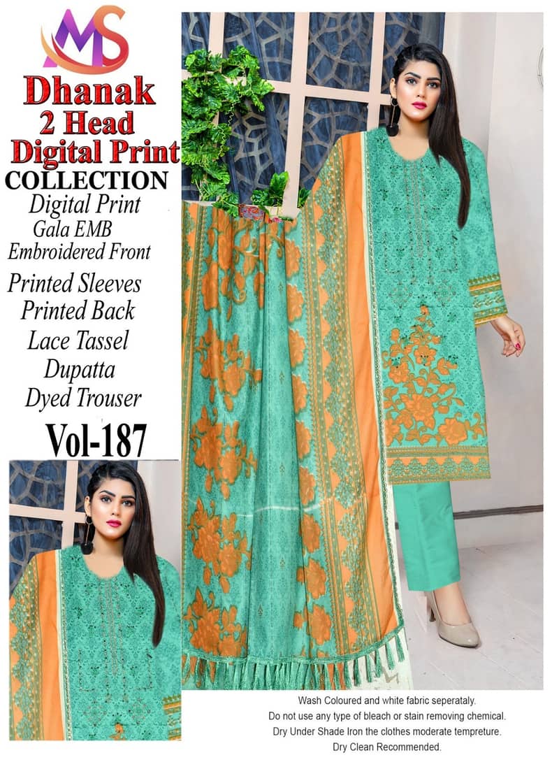 Digital Dhanak 3 Pcs  Same Duppta Four border Lace 9