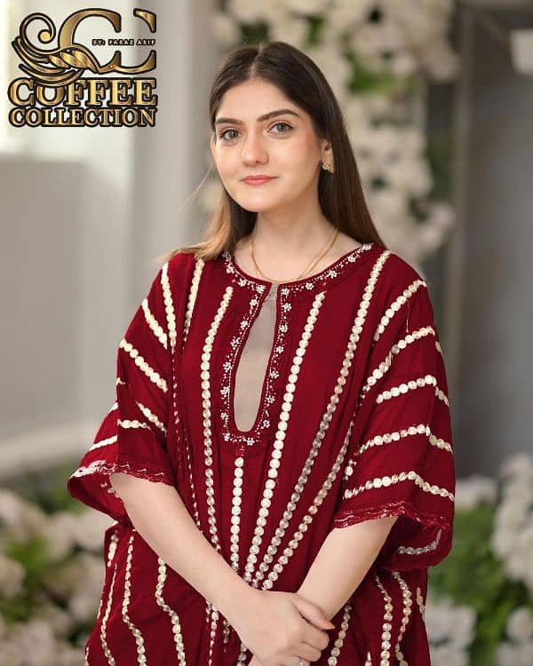 Stylish Maroon Embroidered Chiffon Kaftan - 4 Pcs 1