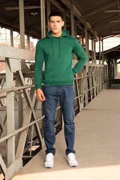 Men's Fleece Hoodie - 1 Piece Plain Hooded Neck Sweatshirt in Green