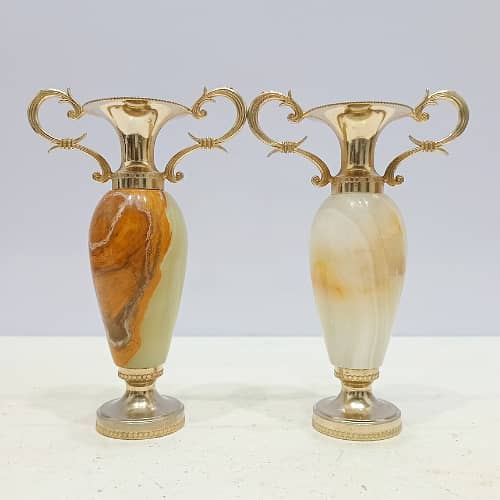 Vintage Pair of Small Onyx Marble Amphora Vases with Brass Handles 0