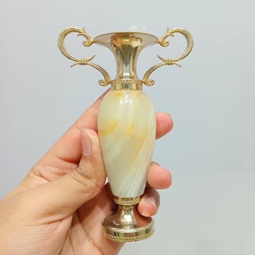 Vintage Pair of Small Onyx Marble Amphora Vases with Brass Handles 2