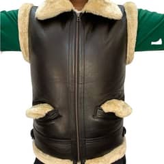 Men leather shearling vest , sleeveless winter jacket