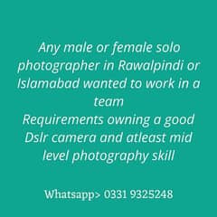 Male/Female solo photographer or videographer