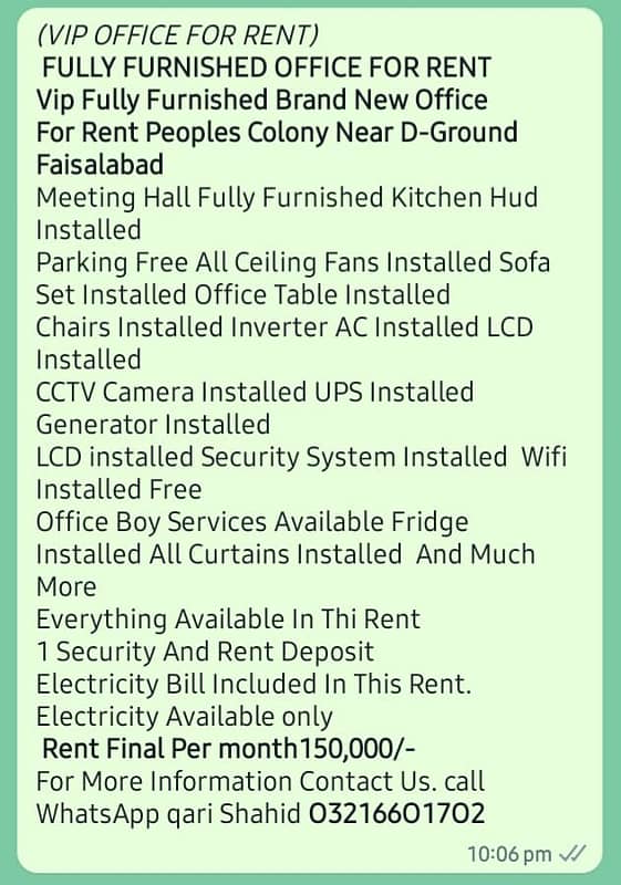 FULLY FURNISHED OFFICE FOR RENT Vip Fully Furnished Brand New Office For Rent Peoples Colony Near D-Ground Faisalabad 31