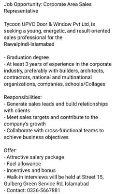 Corporate area Sales representative