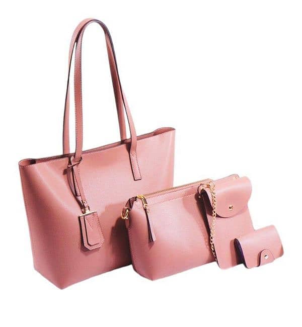 4 Pcs Women's Leather Handbag Set (Pink) 5