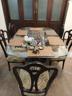 6 seat wood dining table glass top