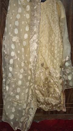 3 pc sitara and tilla with thread embellished organza suits gold color