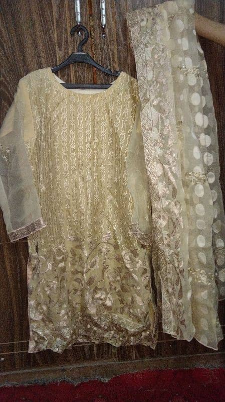 3 pc sitara and tilla with thread embellished organza suits gold color 2