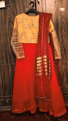 Chiffon maxi with gold net embroidery and red organza dupatta