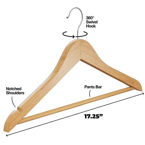 Wooden Cloth Hangers Non Slip Pants Bar Coat Hanger 360° Swivel Hook 2