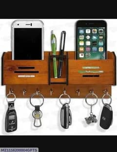 wooden stand mobile charging place and key clips color brown