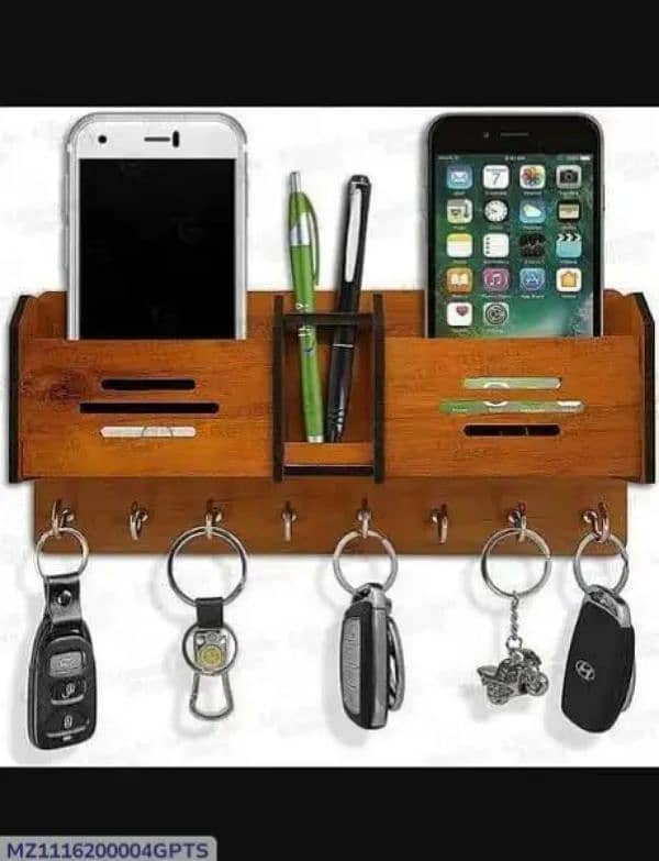 wooden stand mobile charging place and key clips color brown 0