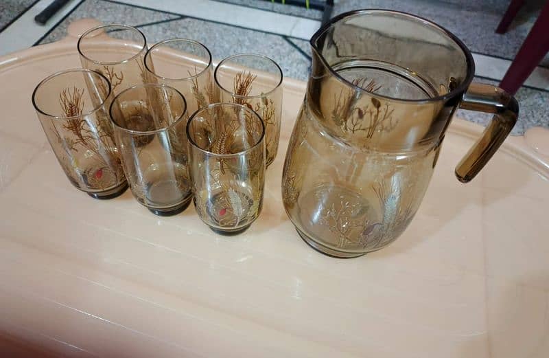 Water Set Jug + 6 Glasses Brown Color Condition New 0