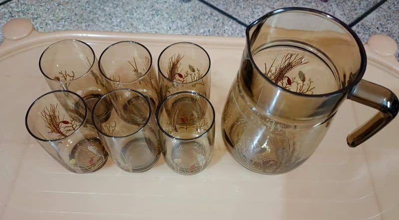 Water Set Jug + 6 Glasses Brown Color Condition New 1