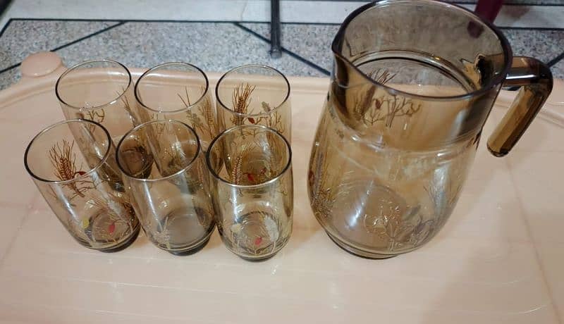 Water Set Jug + 6 Glasses Brown Color Condition New 2