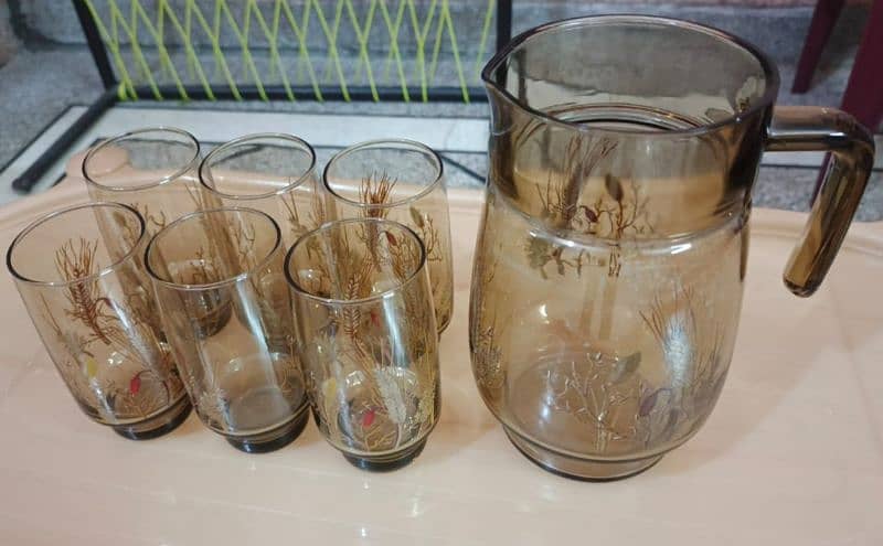 Water Set Jug + 6 Glasses Brown Color Condition New 4