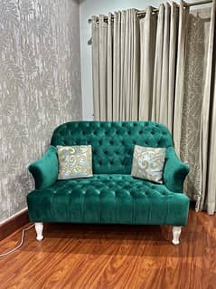 wooden 2 seater sofa emerald green colour