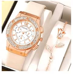 luxury gold watch with rhinestones - white bracelet