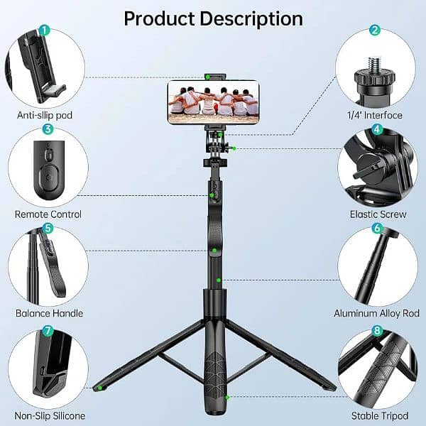 62 Inch stainless steel Selfie Stick Tripod with Remote controlled 6