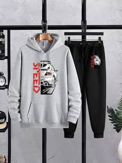 men's Fleece hoodie track suit-2 Pcs grey printed set