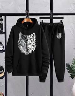 Men's Black Printed Fleece Hoodie Track Suit - 2 Pcs