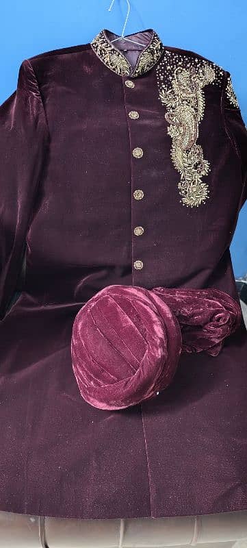 Mahroon Velvet Sherwani and Kullah size large 1