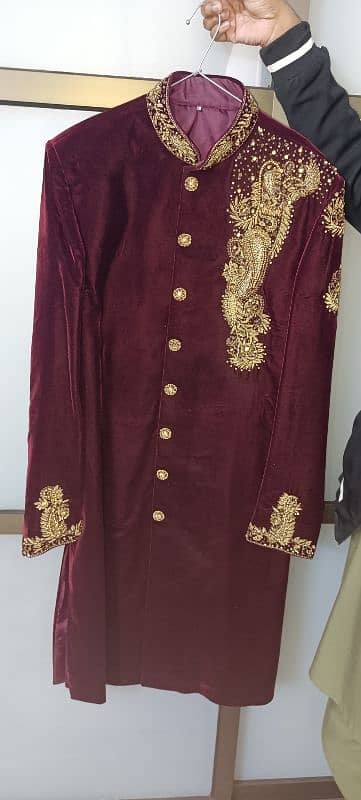 Mahroon Velvet Sherwani and Kullah size large 5