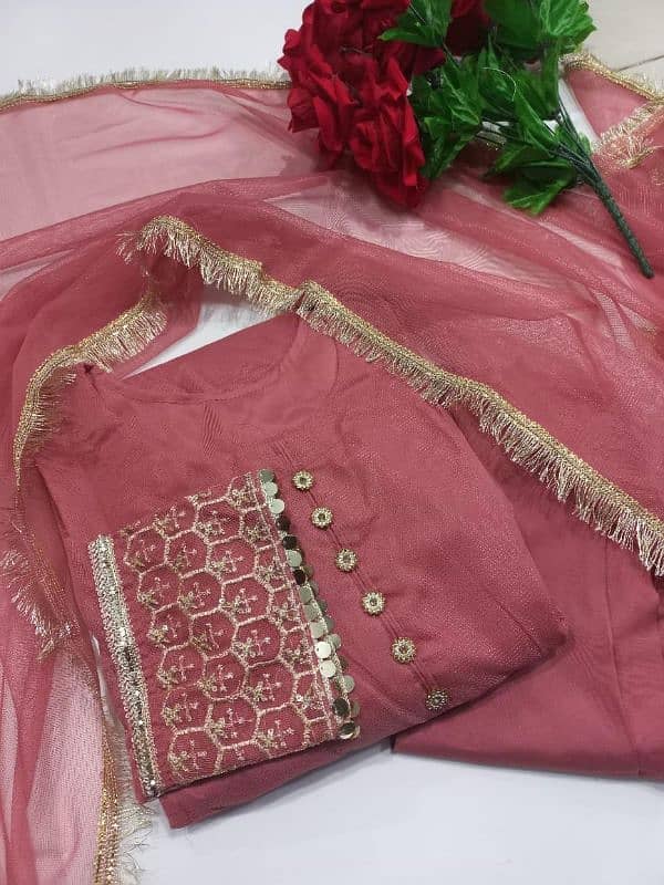 elegant net embroidered suit with dupatta -3 pcs womens stitched . 2