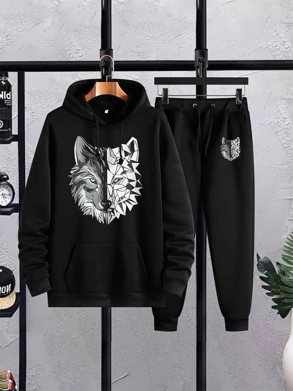 Men's Black Printed Fleece Hoodie Track Suit - 2 Pcs 0